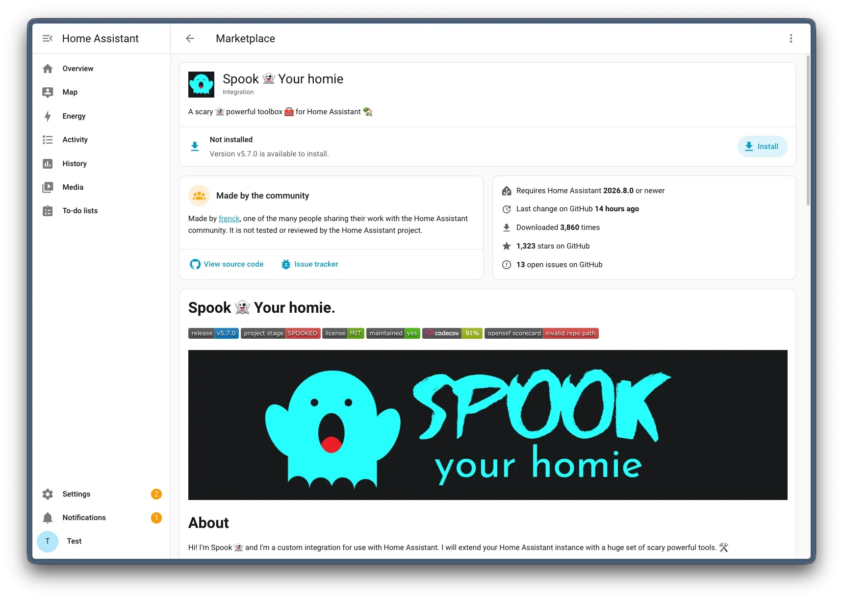 The Marketplace page for the Spook integration. It shows Not installed with an Install button, a Made by the community notice, and stats: requires Home Assistant 2026.8.0 or newer, downloaded 3,860 times, 1,323 stars on GitHub and 13 open issues. Spook's README follows below.