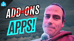 Frenck on an airplane wearing a pink hoodie, with text overlay showing "ADD-ONS" crossed out in red and "APPS!" in cyan blue, with the Home Assistant logo in the corner
