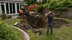 A man stands with his hands on his head beside a muddy excavation in a backyard, where a mini excavator has dug up the lawn and exposed pipes near a glass-doored house.