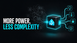 Glowing Home Assistant cube organizing chaotic wires into neat smart-home links. Text: "More Power, Less Complexity"