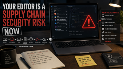 Cybersecurity graphic showing a laptop code editor with a red warning icon, warning that editor extensions and tools can expose tokens, cloud credentials, and keys.