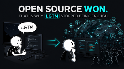 Stick figure thumbs-up at code on one screen; arrow to a worried figure reviewing a pull request before a connected world