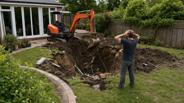 A man stands with his hands on his head beside a muddy excavation in a backyard, where a mini excavator has dug up the lawn and exposed pipes near a glass-doored house.