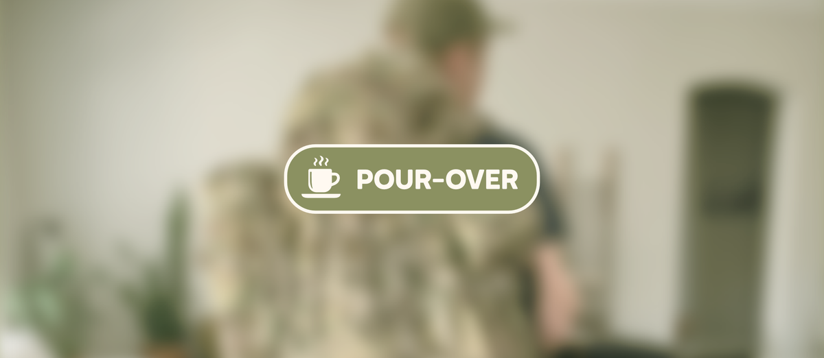 A blurred out image of Bryan carrying a comically large pack with a badge over the top, reading "Pour-Over" alongside a coffee cup icon