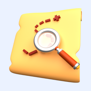 A magnifying glass over a map with a dotted line on it.