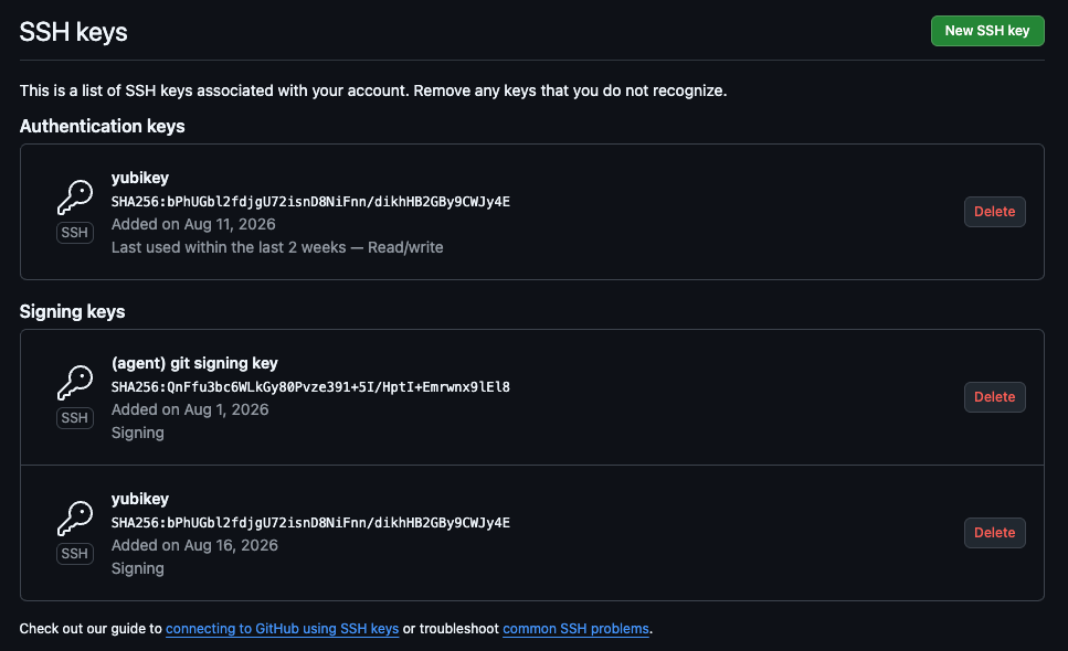 Under "Authentication keys" it lists "yubikey". Under "Signing keys" it lists "(agent) git signing key" and "yubikey".