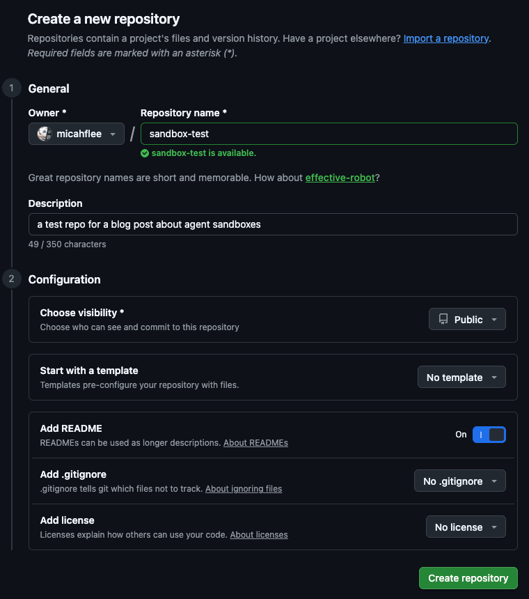 Screenshot of GitHub where I'm creating the sandbox-test repo