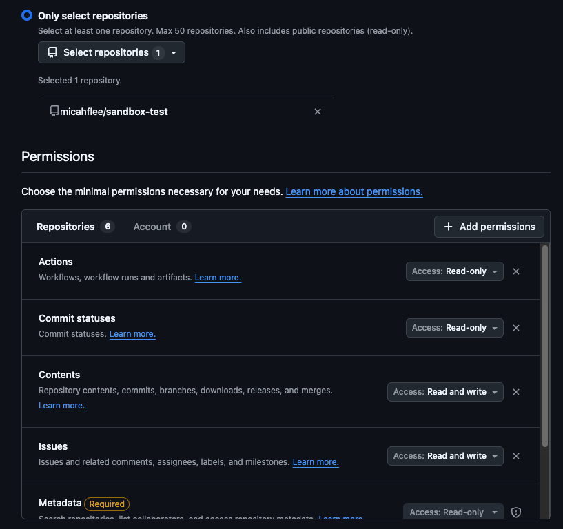 Screenshot of the Permissions section of the GitHub PAT creation form