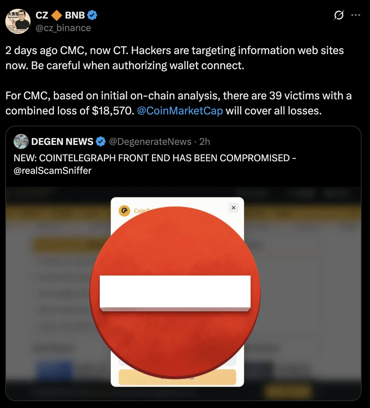 CZ：黑客正瞄準加密信息網站，用戶授權錢包時務必小心