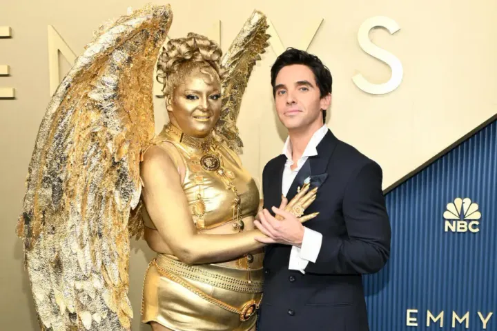 Meg Stalter and Paul W. Downs at the 2026 Emmy Awards