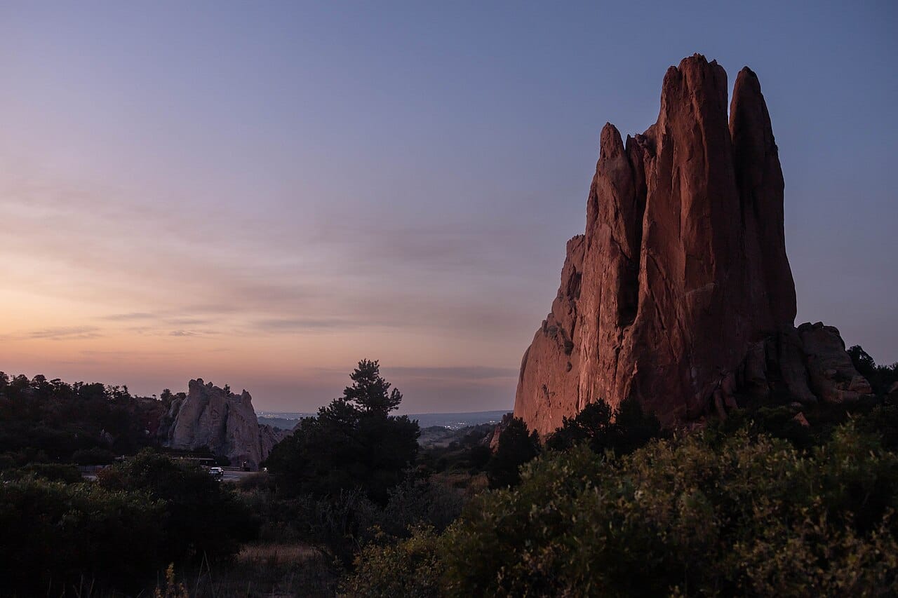 Red rock formations and native scrub at Garden of the Gods, Colorado Springs