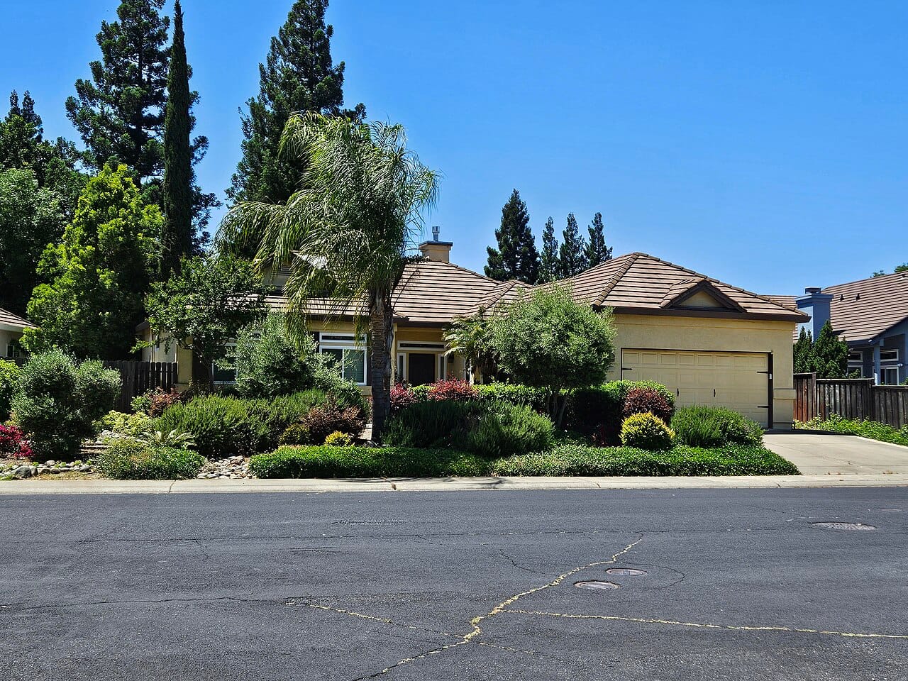 Lush green low-water front yard landscape that doesn't read as desert