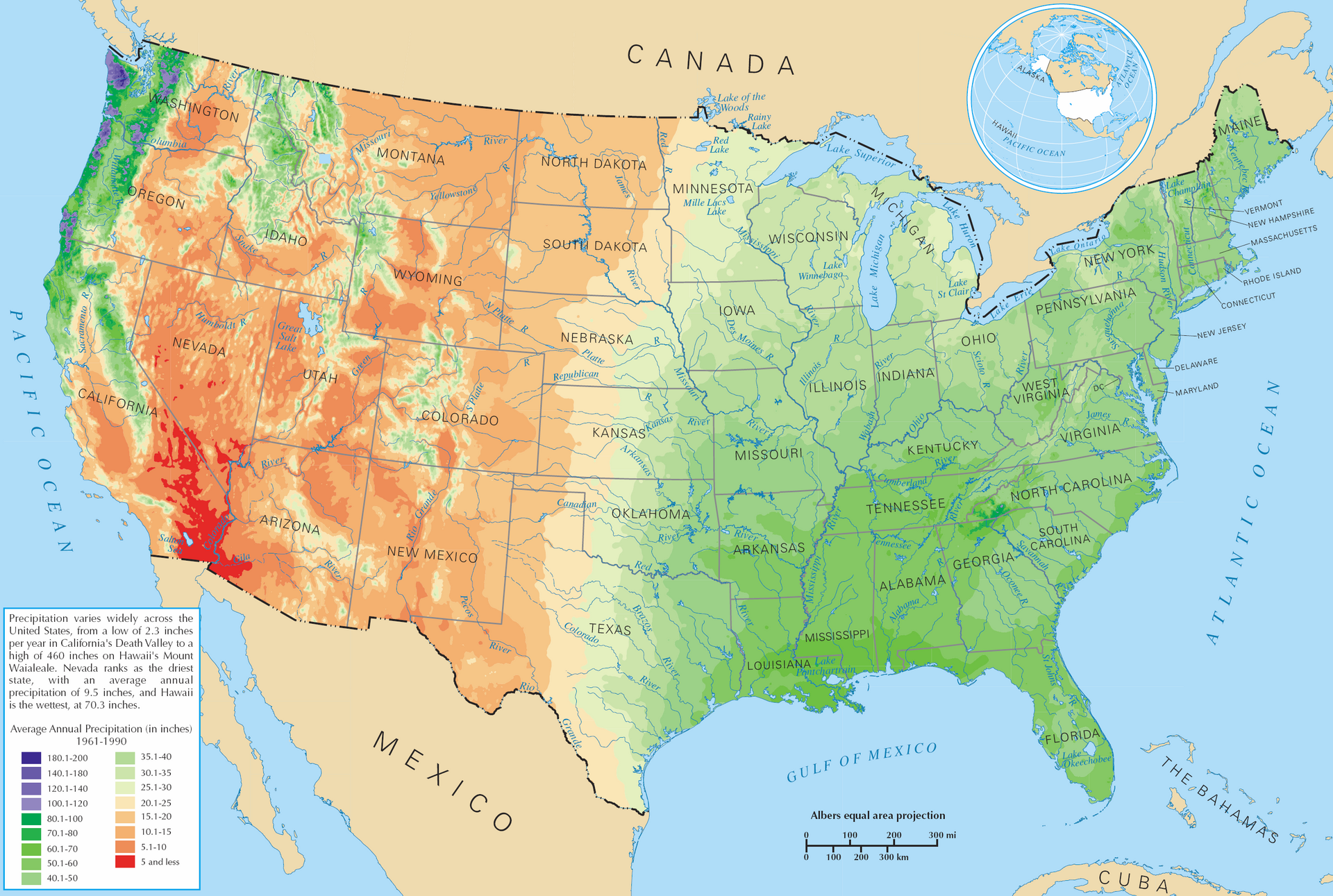 Average annual precipitation map of the lower 48 United States showing the dry West and wet East