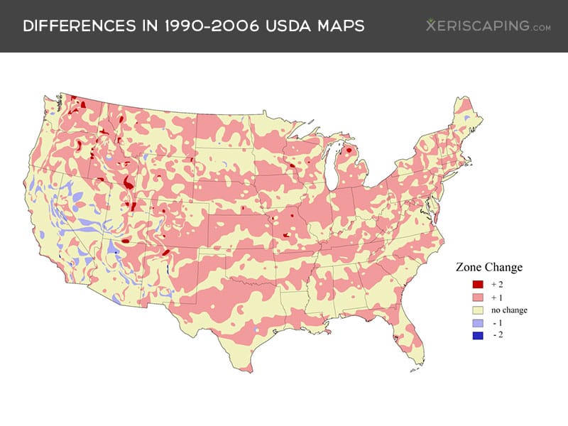 Map showing hardiness zone changes between 1990 and 2006 across the United States