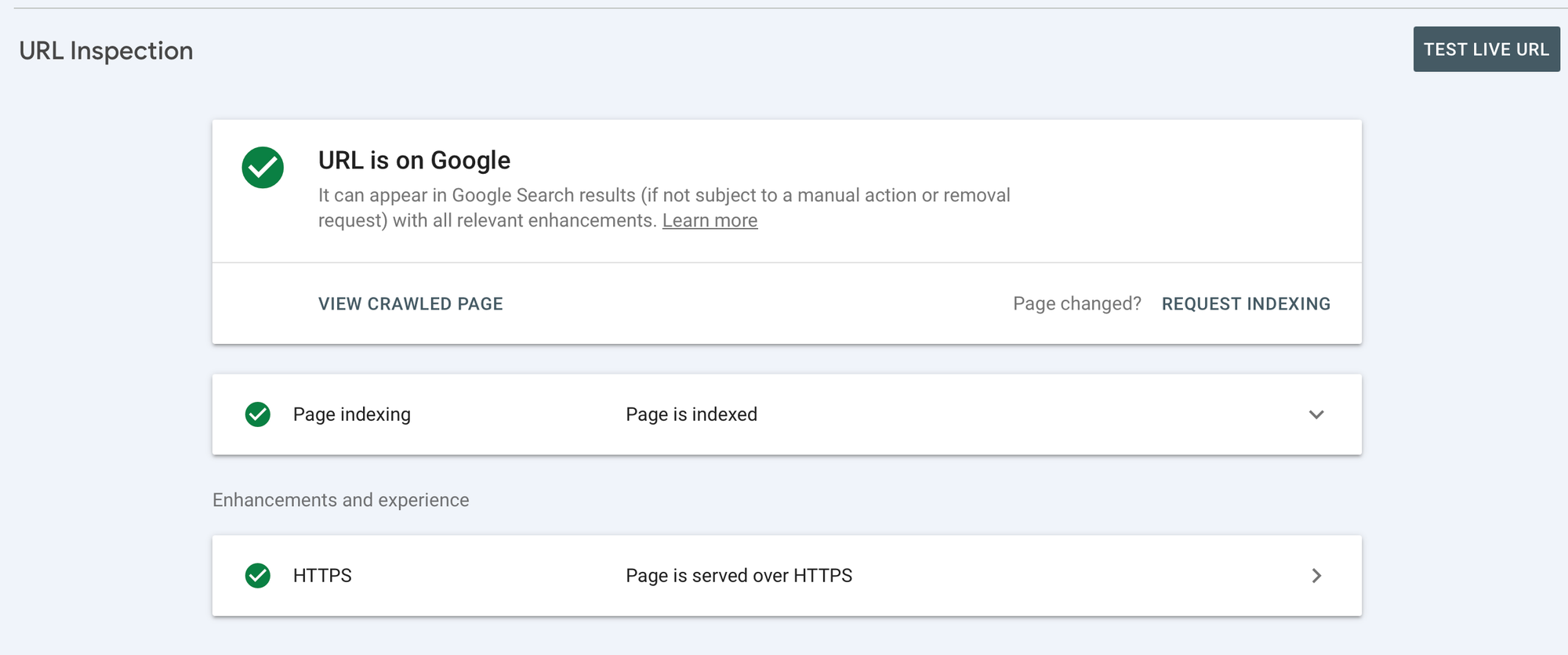Google Search Result URL Inspection screen