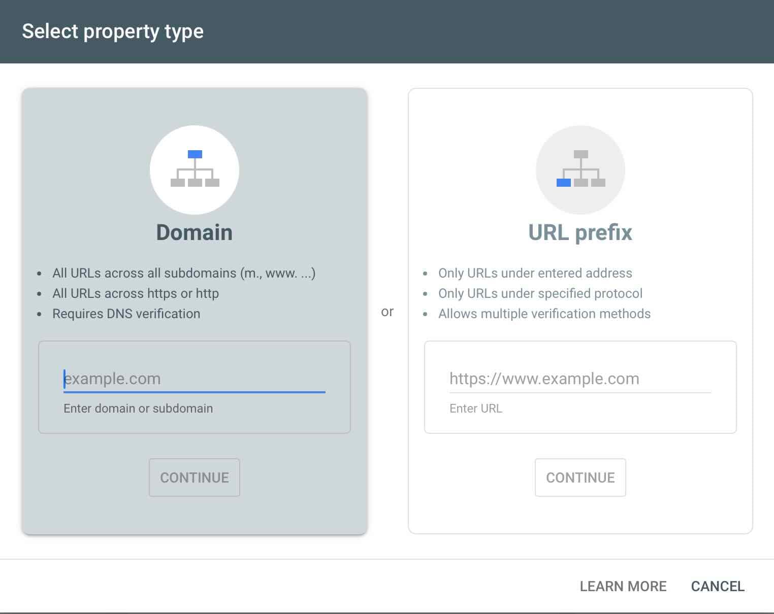 Google Search Console - Select property type options