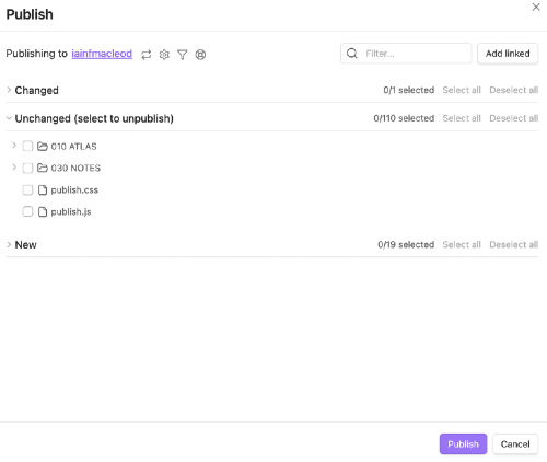 The default Obsidian publising interface in 2026