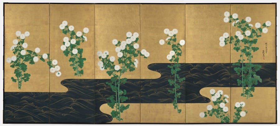 Chrysanthemums by a Stream, c. 1715–30 or later. Possibly by Ogata Kōrin (Japanese, 1658–1716). One of a pair of six-panel folding screens; ink and color on gilded paper; image: 163.2 x 369.9 cm (64 1/4 x 145 5/8 in.). The Cleveland Museum of Art, Gift of the Hanna Fund, 1958.206.1