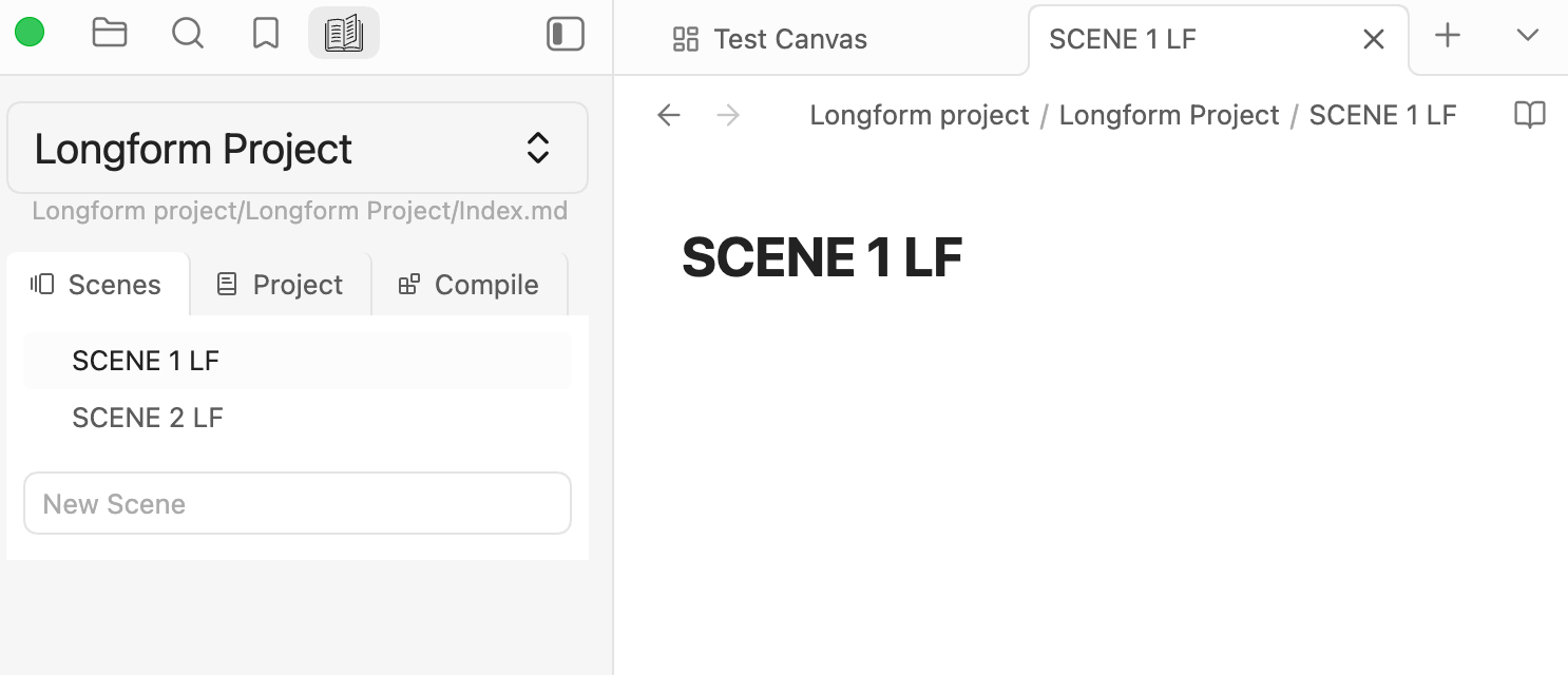 The Obsidian Longform plug-in Sidebar Pane