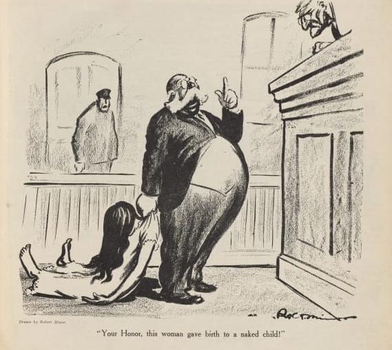 This sketch highlights the impact obscenity laws had on women and their bodies, through the satirical stretch of circumstances where a baby’s naked body would be deemed obscene. Though clearly a parody, the sketch succeeds in sending its message, together with the adjacent article that discusses The Comstock Act of 1873, under which William Sanger, Margaret Sanger’s husband, was fined for distributing her 1914 birth-control pamphlet Family Limitation.