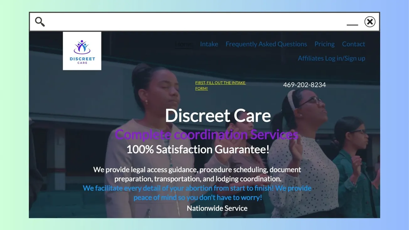 A screenshot of the Discreet Care homepage, featuring difficult-to-read text over an image of what appear to be churchgoers. The screenshot is inside of an illustrated browser window, surroun