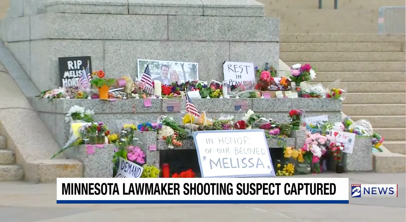 Flowers at the Minnesota state capitol for slain lawmaker Melissa Hortman.