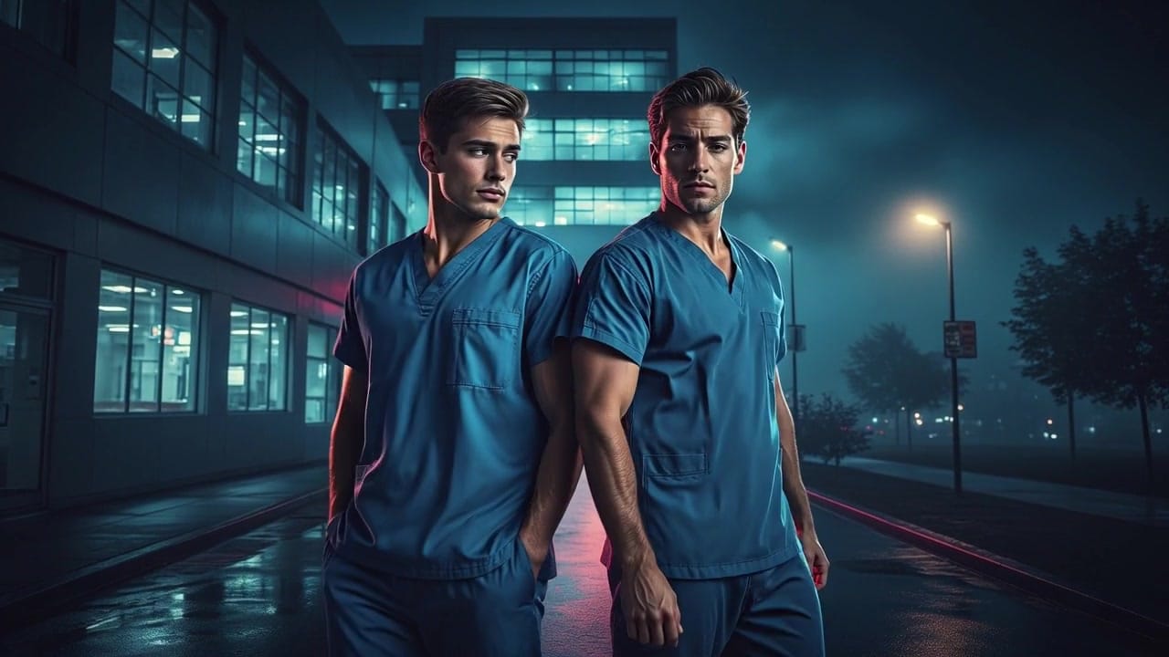 Two men in medical scrubs outside at night, introducing the July 22 Reader Experience Update.