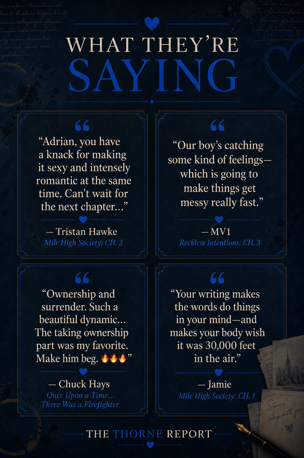 Four reader comments in a House of Thorne graphic: Tristan Hawke praises the sexy, intensely romantic Mile High Society; MV1 says Reckless Intentions is about to get messy; Chuck Hays celebrates ownership and surrender in Once Upon a Time…There Was a Firefighter; and Jamie says the Mile High Society writing makes the body wish it were 30,000 feet in the air.