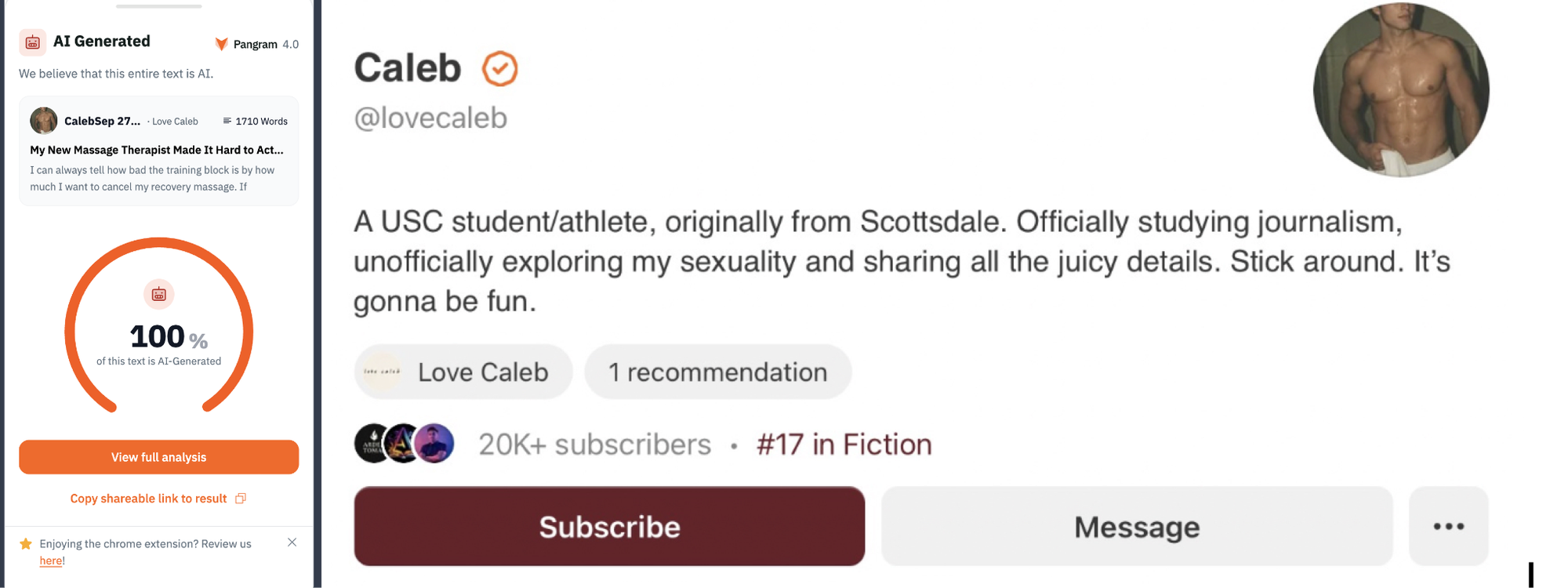 Love Caleb’s Substack profile alongside a Pangram AI-detector result for a featured story.