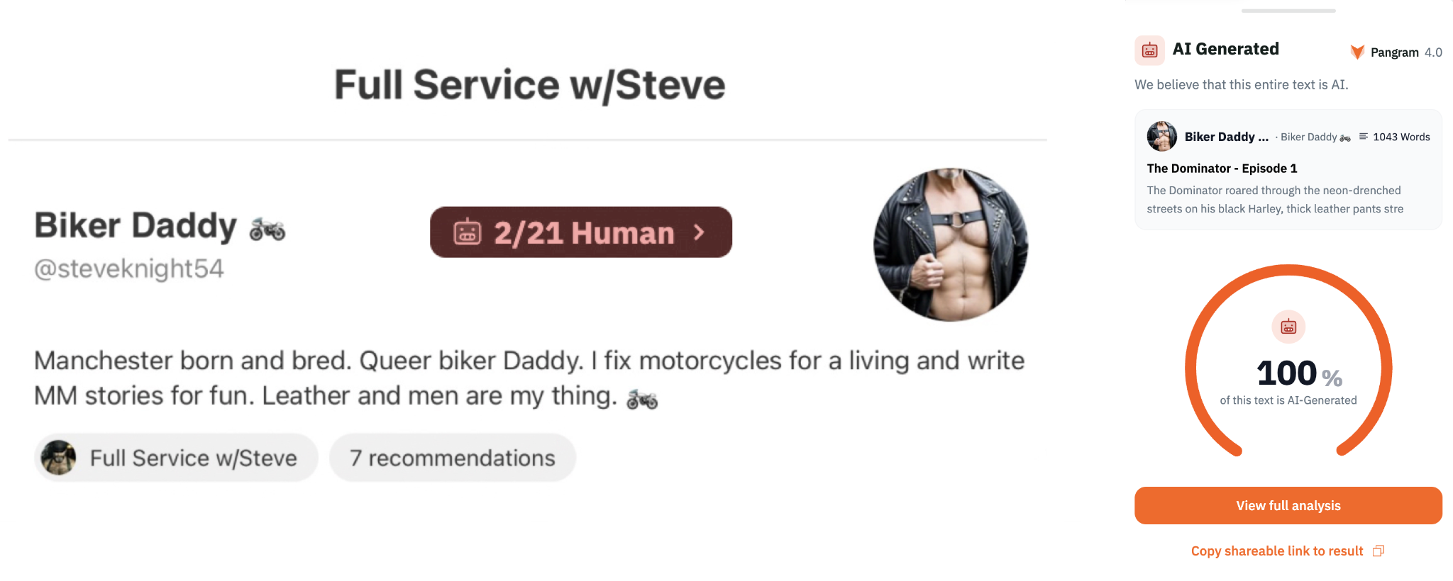 Biker Daddy’s Substack profile alongside a Pangram AI-detector result for The Dominator – Episode 1.