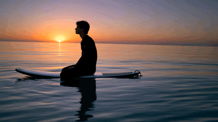 Alex sits alone on his surfboard at dawn, silhouetted against the rising sun.