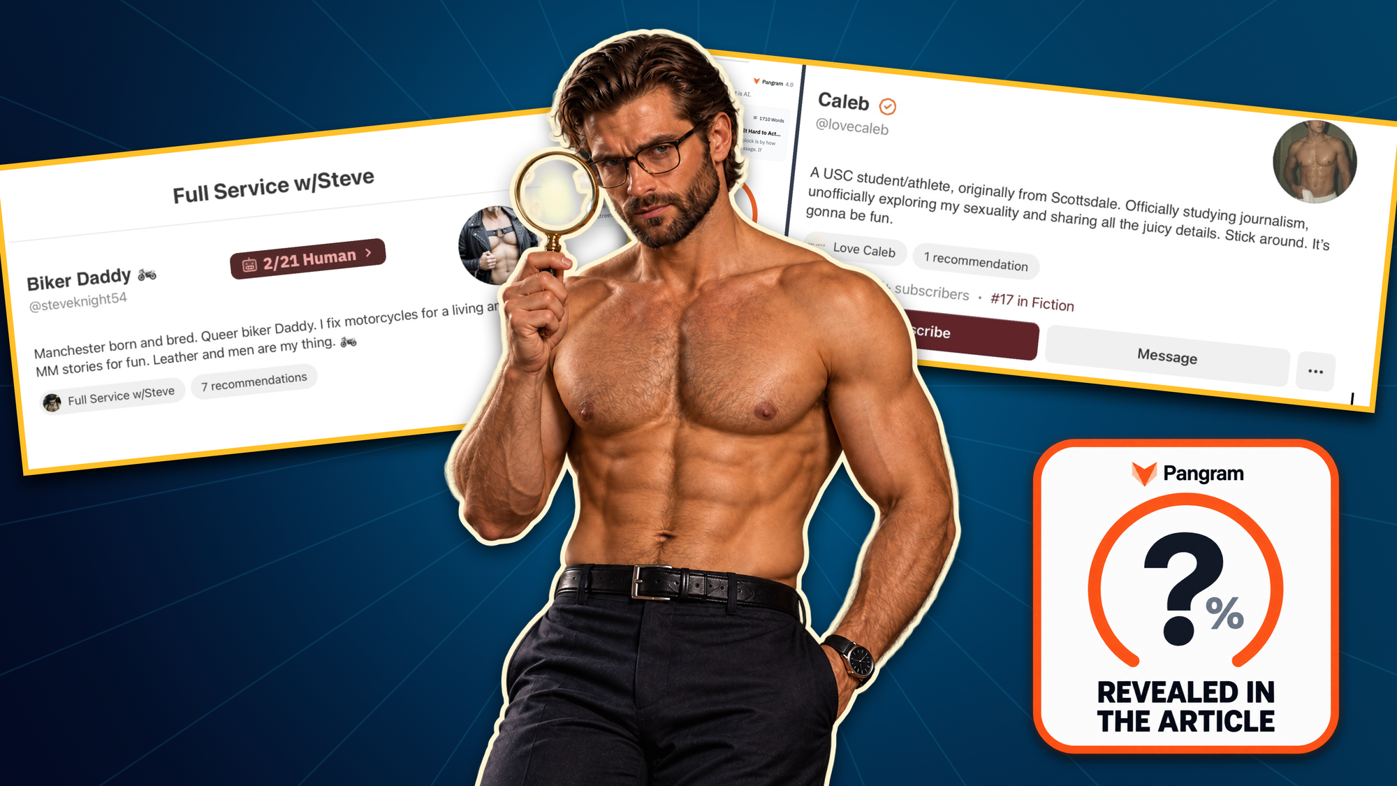 Editorial collage: a shirtless man holding a magnifying glass in front of Biker Daddy and Love Caleb profile screenshots, with a Pangram question-mark graphic.