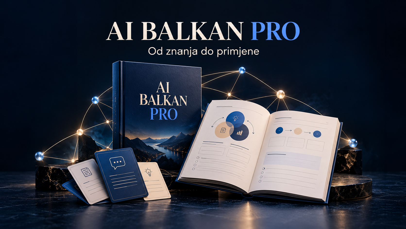 AI Balkan Pro: ilustracija vodiča, otvorene radne sveske i kartica sa promptovima