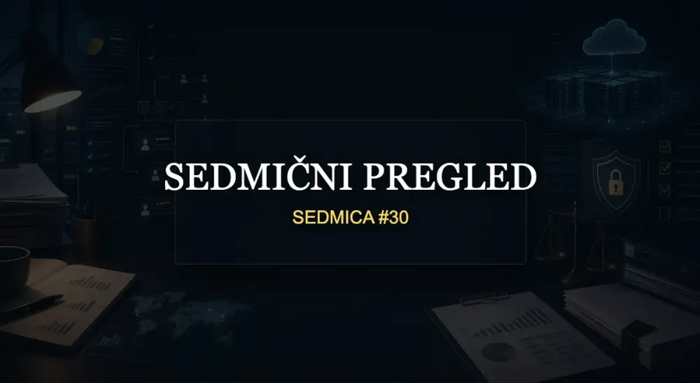 Tamna urednička scena sa poslovnim ekranima, dokumentima, sigurnosnim simbolima i vidljivim naslovom SEDMIČNI PREGLED i SEDMICA #30.