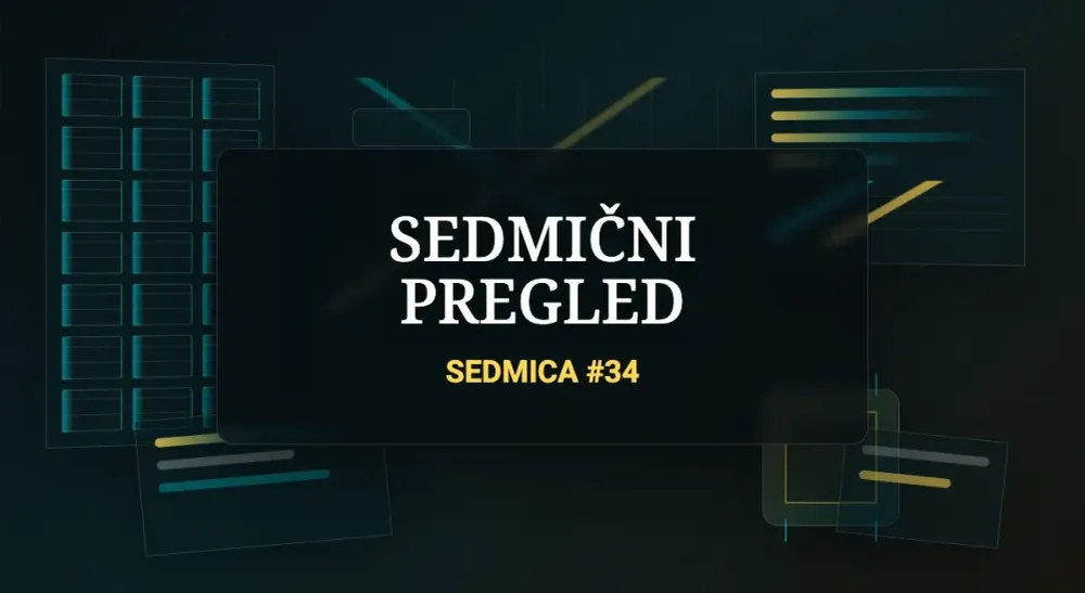 Tamna urednička scena sa serverima, poslovnim grafikonima, dokumentima, čipom i vidljivim naslovom SEDMIČNI PREGLED i SEDMICA #34.
