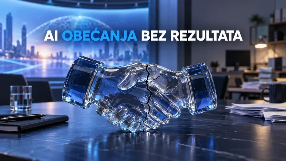 AI ilustracija napuklog staklenog rukovanja kao simbola povjerenja u AI obećanja.