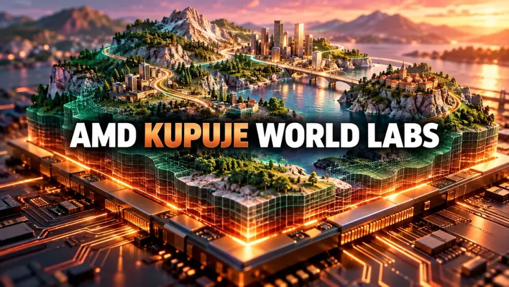 Ilustracija prostornog svijeta izgrađenog na čipu, uz naslov AMD kupuje World Labs.
