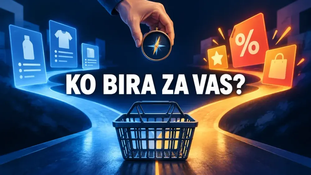 Ilustracija korpe na raskrsnici ponuda; natpis „Ko bira za vas?“ centriran je iznad nje.
