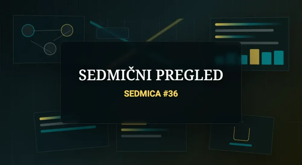 Tamna urednička scena sa mrežom AI agenata, sigurnosnim štitom, poslovnim grafikonima i dokumentima, uz vidljiv naslov SEDMIČNI PREGLED i SEDMICA #36.