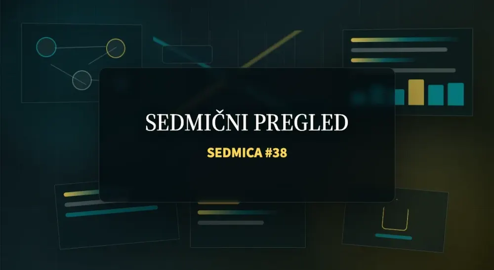 Tamna redakcijska scena sa mrežom AI agenata, poslovnim grafikonima, sigurnosnim štitom i čip infrastrukturom, uz vidljiv naslov SEDMIČNI PREGLED i SEDMICA #38.