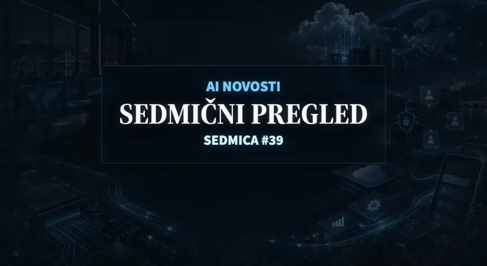 Tamna tehnološka poslovna scena sa AI infrastrukturom, podacima, agentima i vidljivim naslovom SEDMIČNI PREGLED, SEDMICA #39.