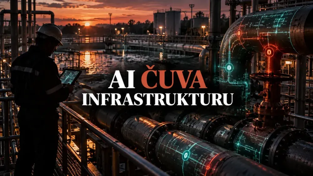 Industrijsko postrojenje i digitalna sigurnosna analiza uz centralni naslov AI ČUVA INFRASTRUKTURU