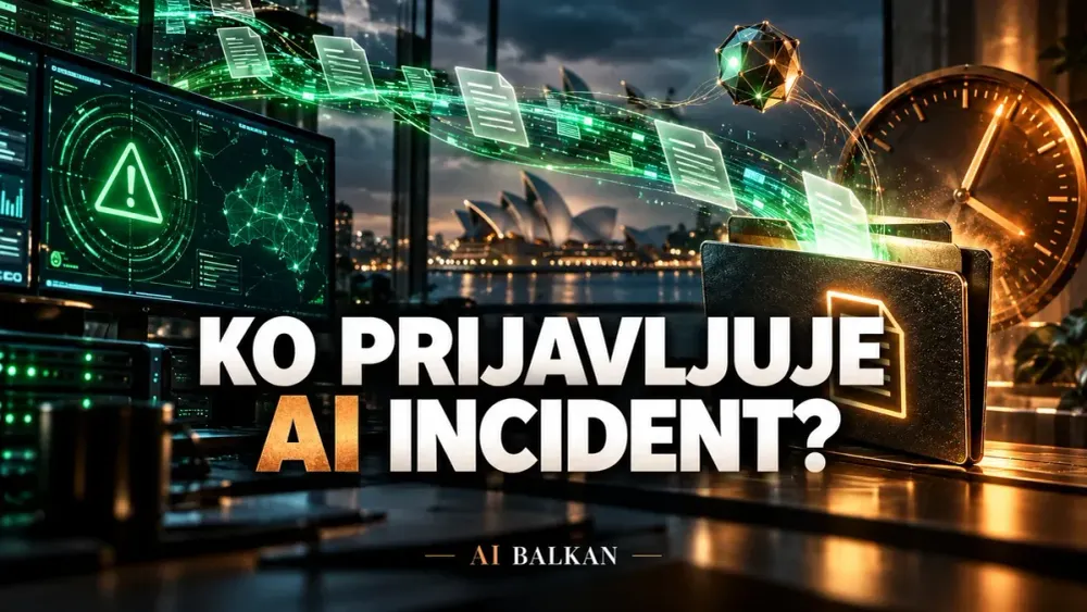 Digitalni trag AI agenta, alarm i parlamentarni mikrofon uz naslov Ko prijavljuje AI incident