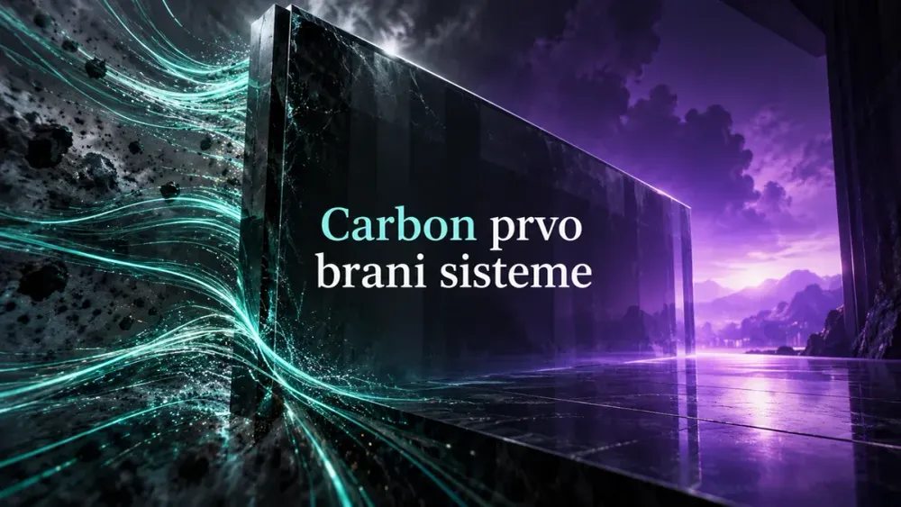Ilustracija zatvorenog digitalnog prolaza s ljubičastim i tirkiznim svjetlom, uz naslov Carbon prvo brani sisteme.