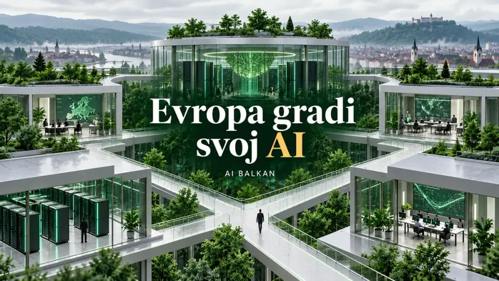 Urednička ilustracija evropske AI infrastrukture, uz naslov „Evropa gradi svoj AI“.