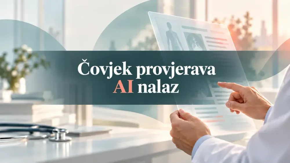 Ljekarska ruka iznad digitalnog nalaza, uz naslov Čovjek provjerava AI nalaz.