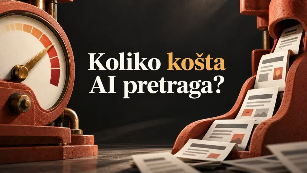 Papirne web stranice uz mjerač troška, s naslovom Koliko košta AI pretraga?