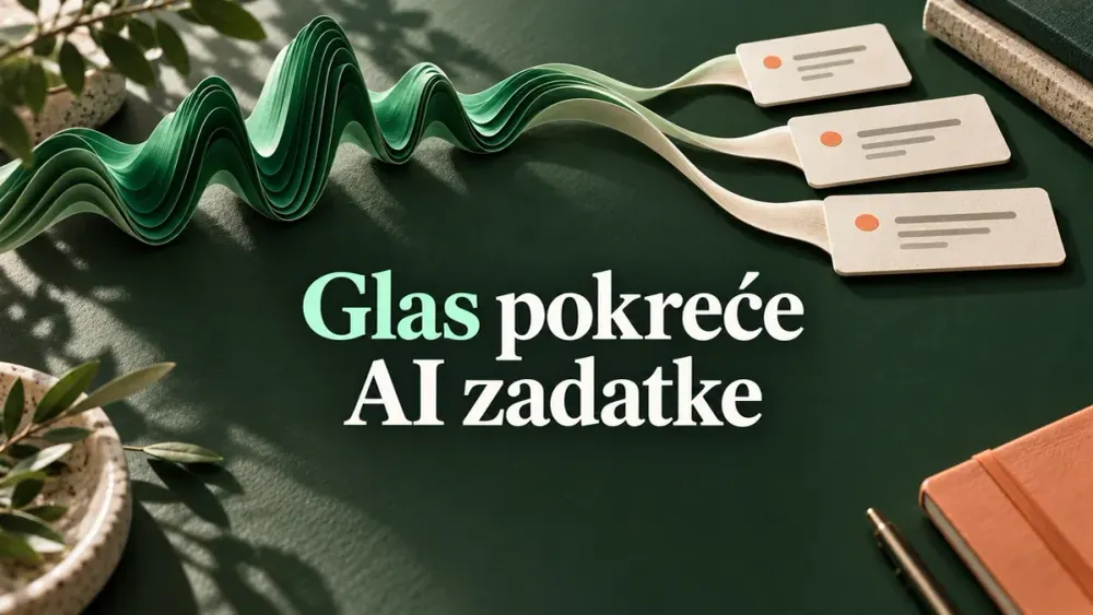 Zeleni zvučni talas prelazi u kartice poslovnih zadataka uz naslov „Glas pokreće AI zadatke“.