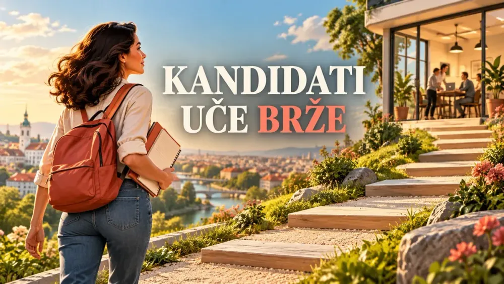 Ilustracija kandidatkinje s bilježnicom na stazi učenja prema poslovnoj kancelariji.