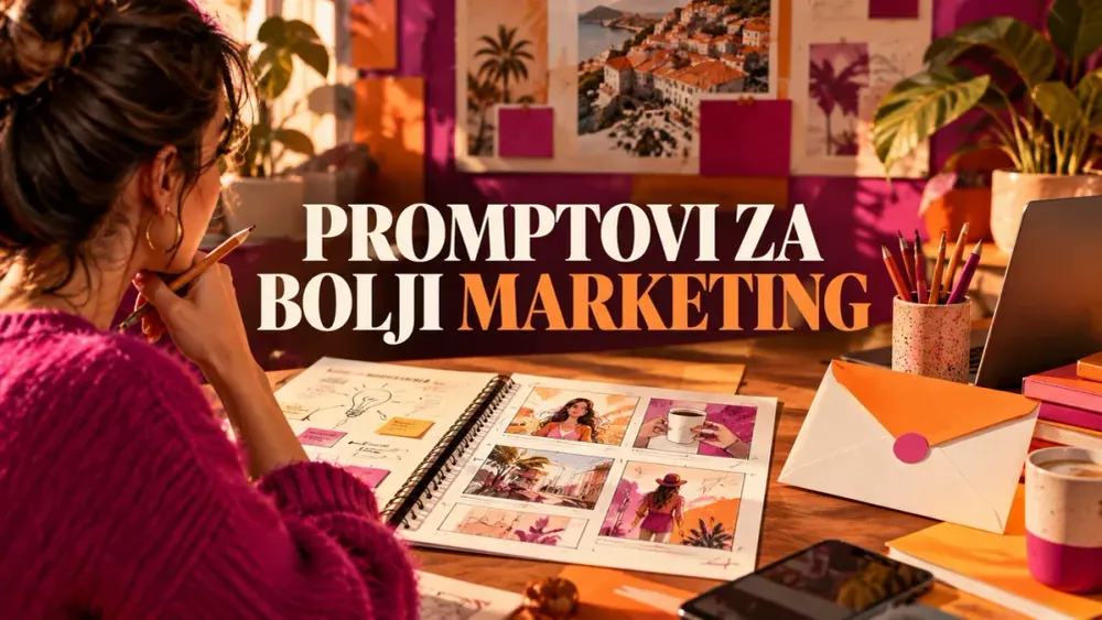 Ilustracija kreativnog stola s marketing briefom, storyboardom i kovertom za email.